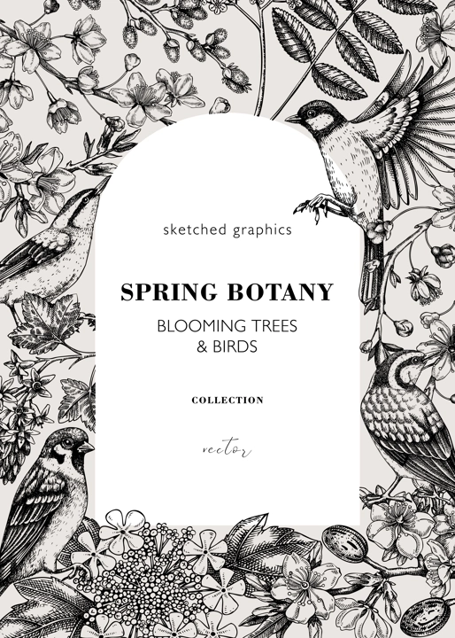 Vintage spring frame designs with birds, flowers, leaves and blooming tree branches. Almond, willow, rowan, willow, cherry blossom floral sketches for prints. Floral card or invitation template.